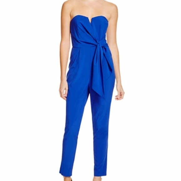 Pants - Womens Strapless Side Tie Blue Jumpsuit
